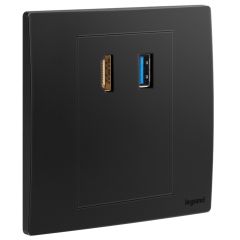 HDMI socket outlet with USB A data socket transfer- Matt black - Legrand