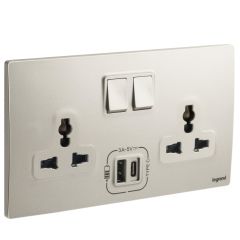 2 Gang Multistandard switched socket outlet with 3000 mA A and C type USB chargers - Champagne - Legrand