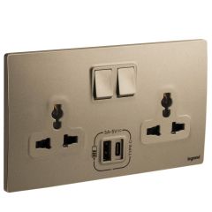 2 Gang Multistandard switched socket outlet with 3000 mA A and C type USB chargers - Dark Bronze - Legrand