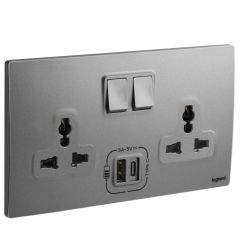2 Gang Multistandard switched socket outlet with 3000 mA A and C type USB chargers - Dark Silver - Legrand