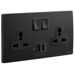2 Gang Multistandard switched socket outlet with 3000 mA A and C type USB chargers - Matt Black - Legrand