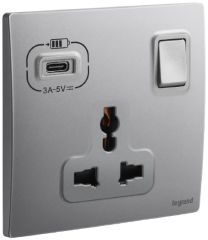 1 Gang Multistandard switched socket with USB Type C Dark Silver - Legrand