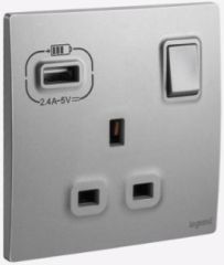 13A 1 Gang Socket outlet + USB A - Dark Silver - Legrand