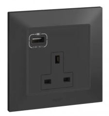 13A 1 Gang Socket outlet + USB A - Matt Black - Legrand