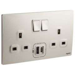 2 Gang BS switched socket outlet - 13A - with 3000mA A and C types USB chargers - Champagne - Legrand