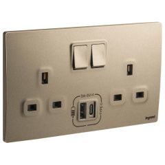  2 Gang BS switched socket outlet - 13A - with 3000mA A and C types USB chargers - Dark Bronze - Legrand