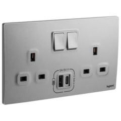  2 Gang BS switched socket outlet - 13A - with 3000mA A and C types USB chargers - Dark Silver - Legrand