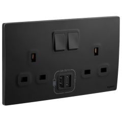 2 Gang BS switched socket outlet - 13A - with 3000mA A and C types USB chargers - Matt Black - Legrand