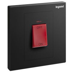 Galion 1 Gang double pole 45A switch with red power indicator and red rocker - Matt Black - Legrand