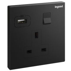 Galion - 1 Gang switched socket outlet - with USB A 15W charger - Matt Black - Legrand