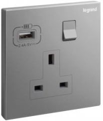 Galion - 1 Gang switched socket outlet - with USB A 15W charger - Dark Silver - Legrand