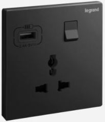 Galion - 13A 1 gang Universal Multistandard Switched socket with USD Type A - Matt Black - Legrand