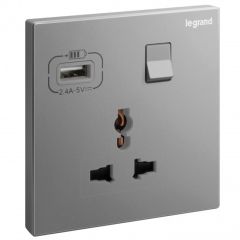 Galion - 13A 1 Gang Universal Multistandard Switched socket with USD Type A - Dark Silver - Legrand