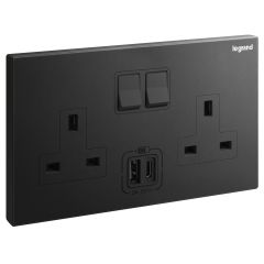 Galion - 2 Gangs BS switched socket outlet - 13A - with 3A type-A and type-C USB chargers - Matt Black - Legrand
