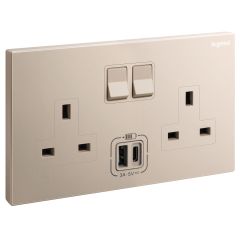 Galion - 2 Gangs BS switched socket outlet - 13A - with 3A type-A and type-C USB chargers - Rose Gold - Legrand