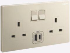 Galion - 2 Gangs BS switched socket outlet - 13A - with 3A type-A and type-C USB chargers - Champagne - Legrand