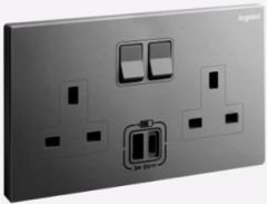 Galion - 2 Gangs BS switched socket outlet - 13A - with 3A type-A and type-C USB chargers - Dark Silver - Legrand