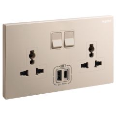 Galion - 2 Gang Multistandard switched socket outlet with 3A type-A and type-C USB chargers - Rose Gold - Legrand