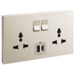 Galion - 2 Gang Multistandard switched socket outlet with 3A type-A and type-C USB chargers - Champagne - Legrand