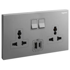 Galion - 2 Gang Multistandard switched socket outlet with 3A type-A and type-C USB chargers - Dark Silver - Legrand
