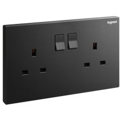 Galion - 2 Gangs BS switched socket outlet with power indicator - 13A - Matt Black - Legrand