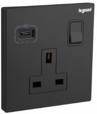 Galion - 1 Gang switched socket outlet- with USB C Charger - Matt Black - Legrand