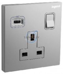 Galion - 1 Gang switched socket outlet- with USB C Charger - Dark Silver - Legrand