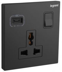Galion - 1 Gang multistandard switched - with USB C 18W charger - Matt Black - Legrand
