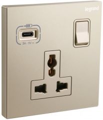 Galion - 1 Gang multistandard switched - with USB C 18W charger - Champagne - Legrand