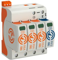 50 kA (8/20) 3P+N, 320V, Type‐1+2, Class‐B+C, with signaling - V50‐3+NPE+FS‐320 - (Germany) - OBO Bettermann