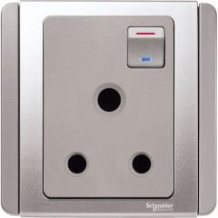 15A, 3-Pin Round Switched Socket Outlet with Blue LED, Grey Silver - Schneider