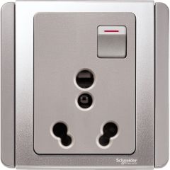 16A, 3-Pin Universal Switched Socket Outlet with Shutter, Grey Silver - Schneider