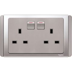 13A, Twin 3-Pin Flat Switched Socket Outlet with Blue LED, Grey Silver - Schneider