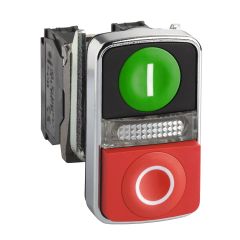 Green flush/red projecting illuminated double headed pushbutton, 1NO+1NC, 240V AC (Made in France) - Schneider