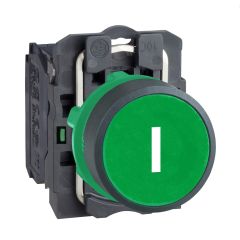 Green flush complete pushbutton, spring return, 1NO; Markerd - "I" (Made in France) - Schneider